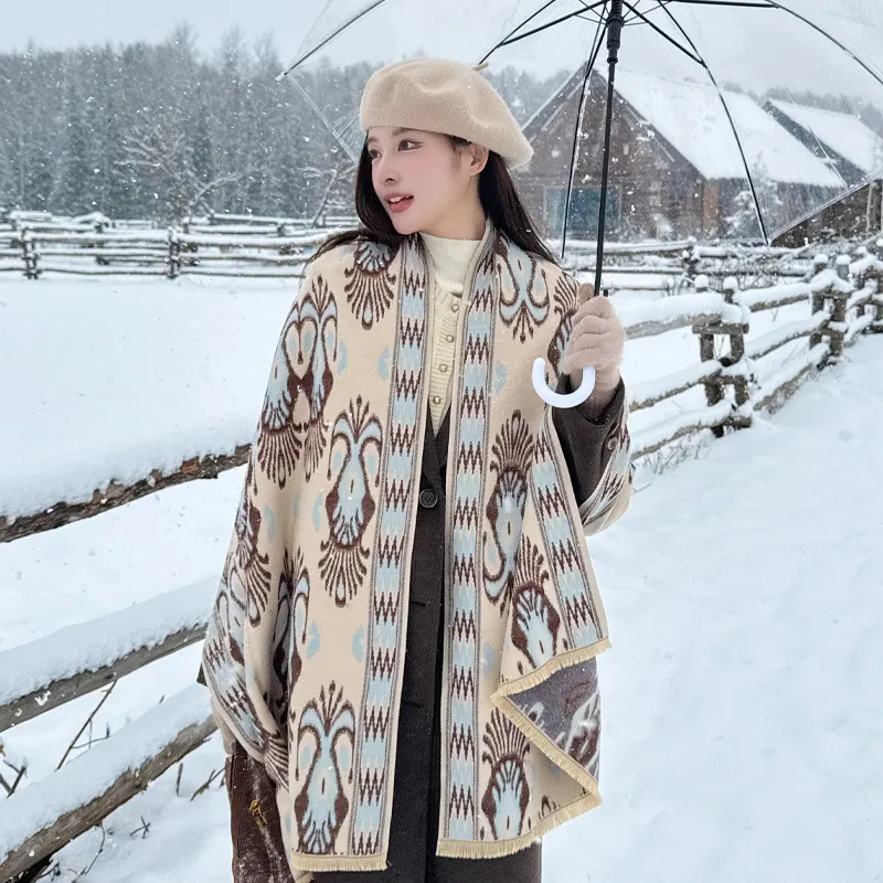 Women Winter Warm Imitation Cashmere Scarf Ethnic Geometric Print Tassel Shawl Dual Purpose Blanket