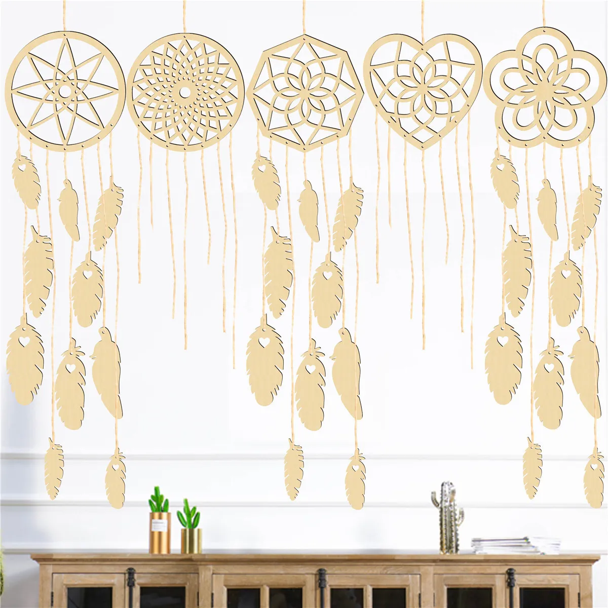 Hollow Wooden Dream Catcher Tassel Wall Hanging Ornament Laser Cut Wood Craft Home Decor Gift Set For Living Room