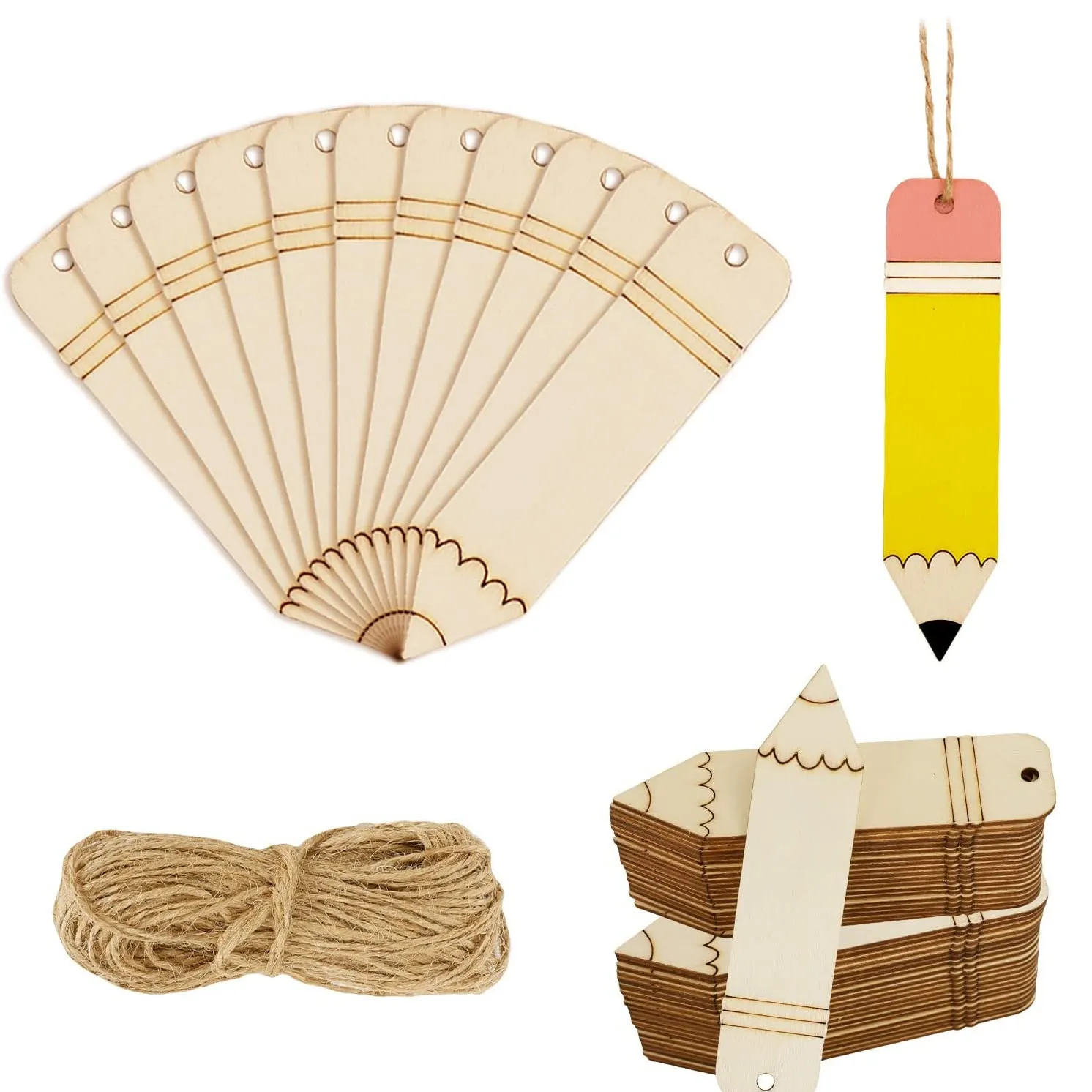 Marcadores de Madera En Blanco en Forma de Lápiz DIY Piezas de Madera Huecas Sin Terminar Con Cuerda de Cáñamo Para Manualidades Escuela Oficina