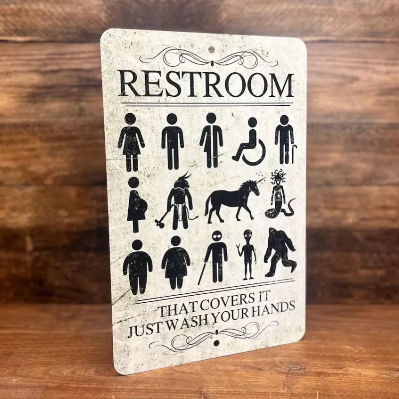 Funny Restroom Door Sign Vintage Black White Bathroom Hanging Plaque Home Decor Wall Art