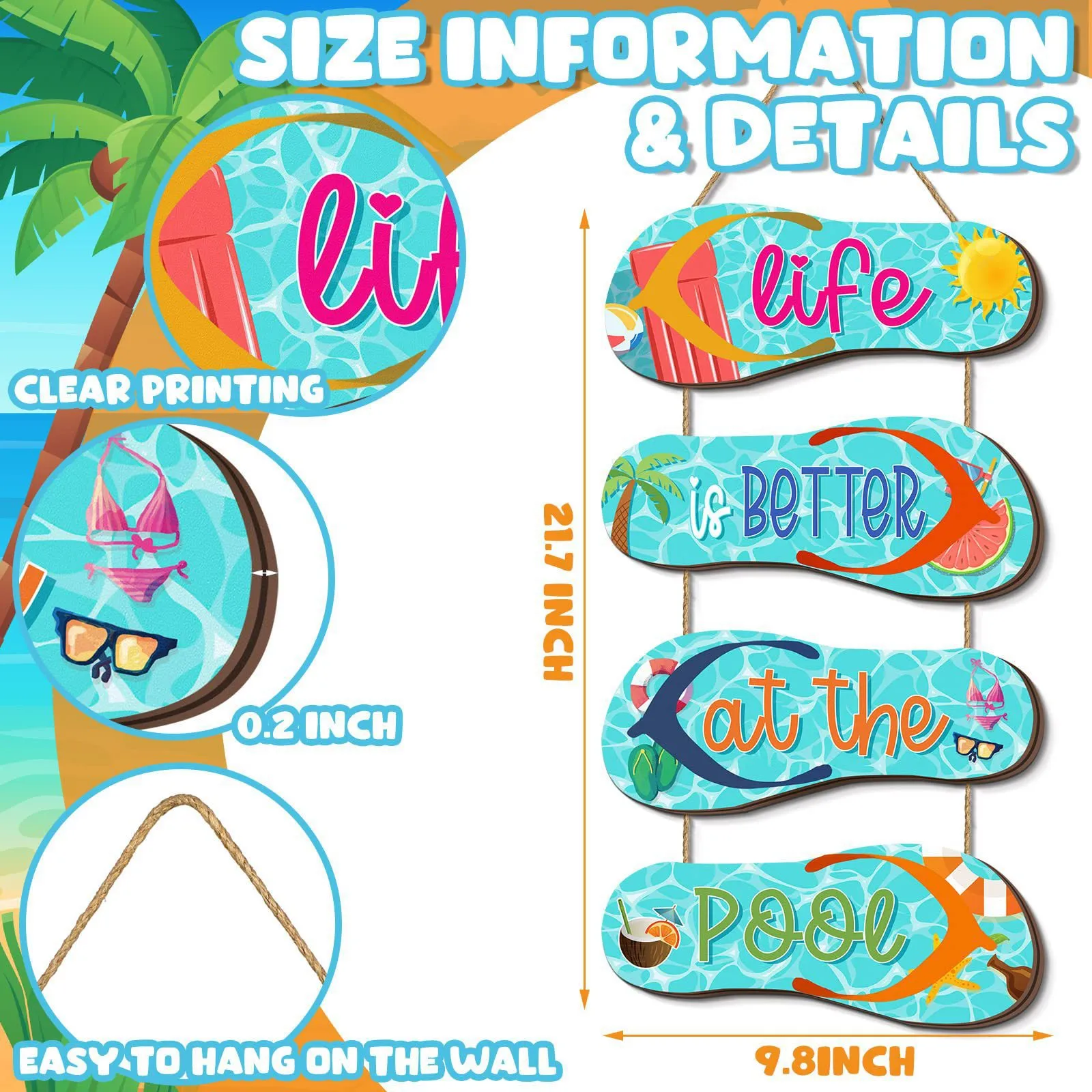 Wooden Summer Flip Flop Hanging Wall Decor Pool Beach Theme Hanging Wooden Sign Board For Home Room Decoration