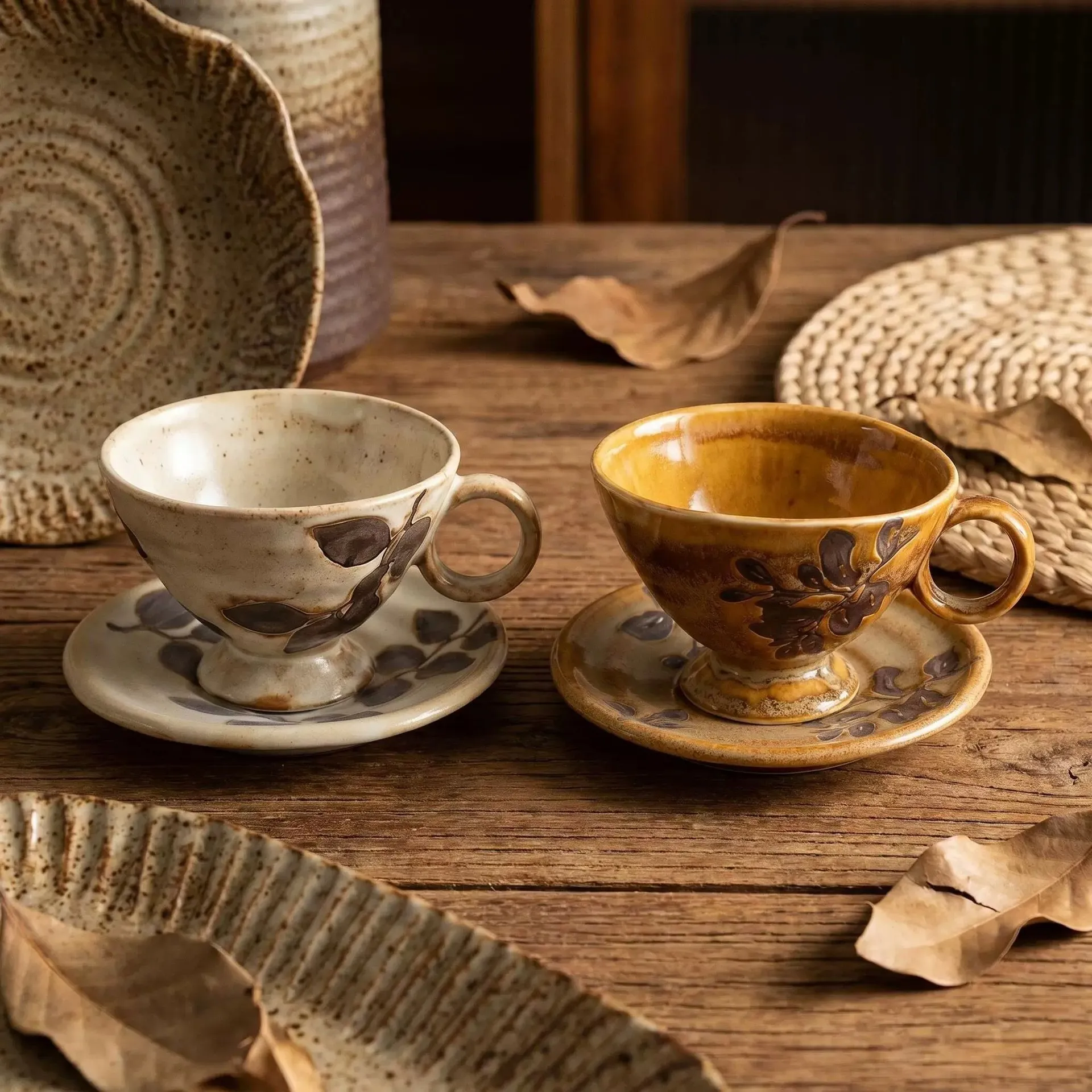 Set Tazza da Caffè e Piattino in Ceramica Retro Smalto da Forno Tazza da Tè con Scatola Regalo per Casa Tè Pomeridiano Ufficio