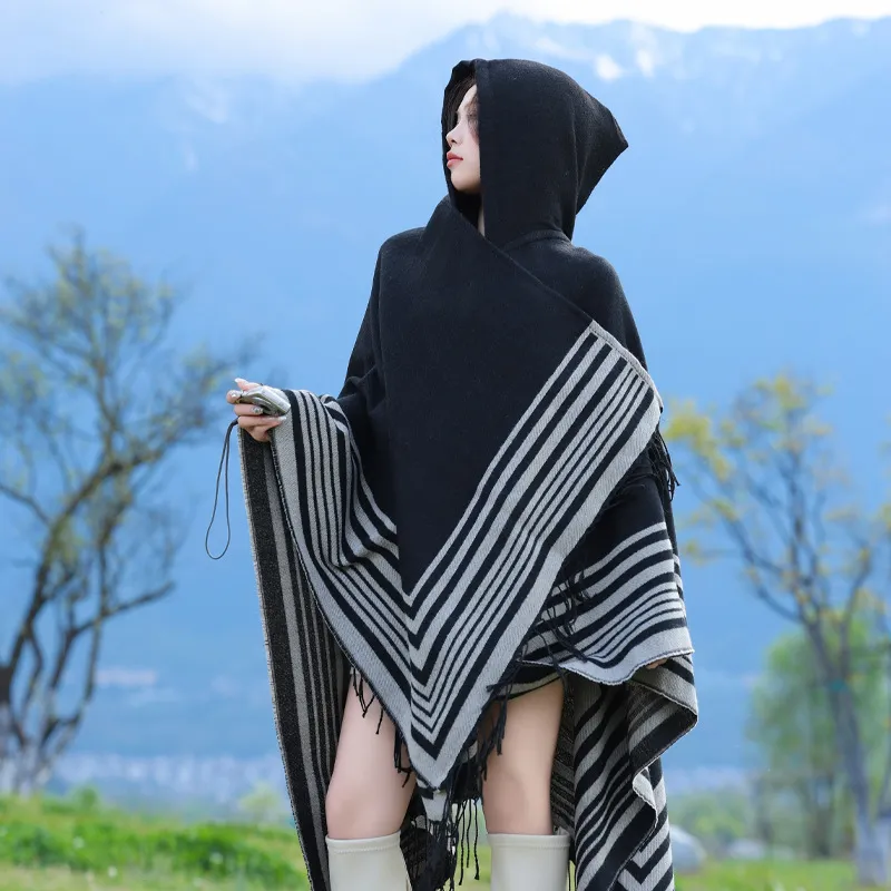 Capa Chal con Capucha de Imitación Cachemira Gruesa de Invierno para Mujer Poncho con Borlas de Rayas Geométricas Étnicas Ropa de Abrigo