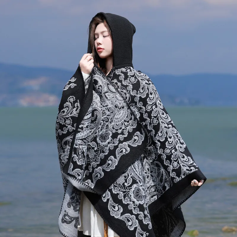 Women Winter Warm Paisley Cloak Vintage Floral Jacquard Open Slit Shawl Scarf Fashion Casual Cape Outwear