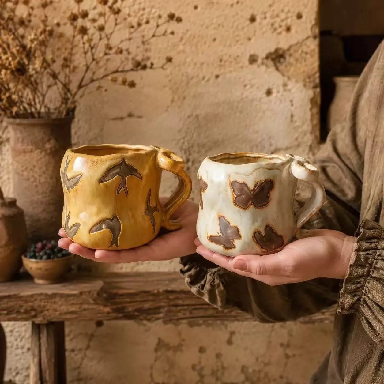 Vintage Handgemachte Keramik Kaffeetasse Kreative Schwalbe Schmetterling Kunst Relief Milchtasse