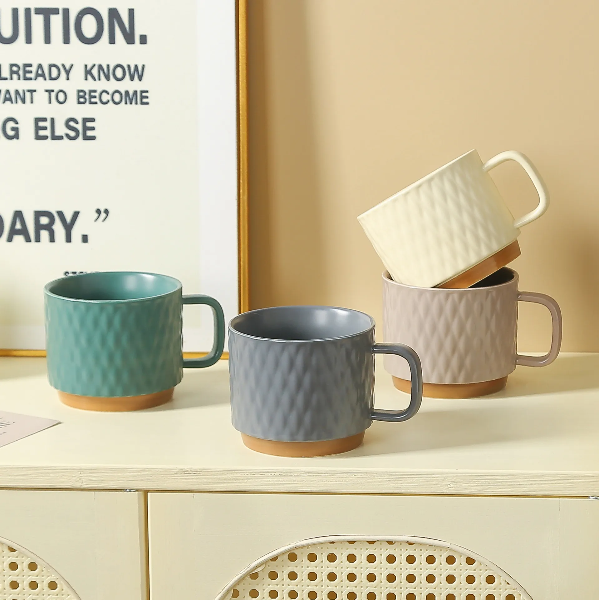 European Style Ceramic Coffee Mug With Diamond Grid Relief Pattern Creative Milk Tea Cup Office Home Drinkware Gift
