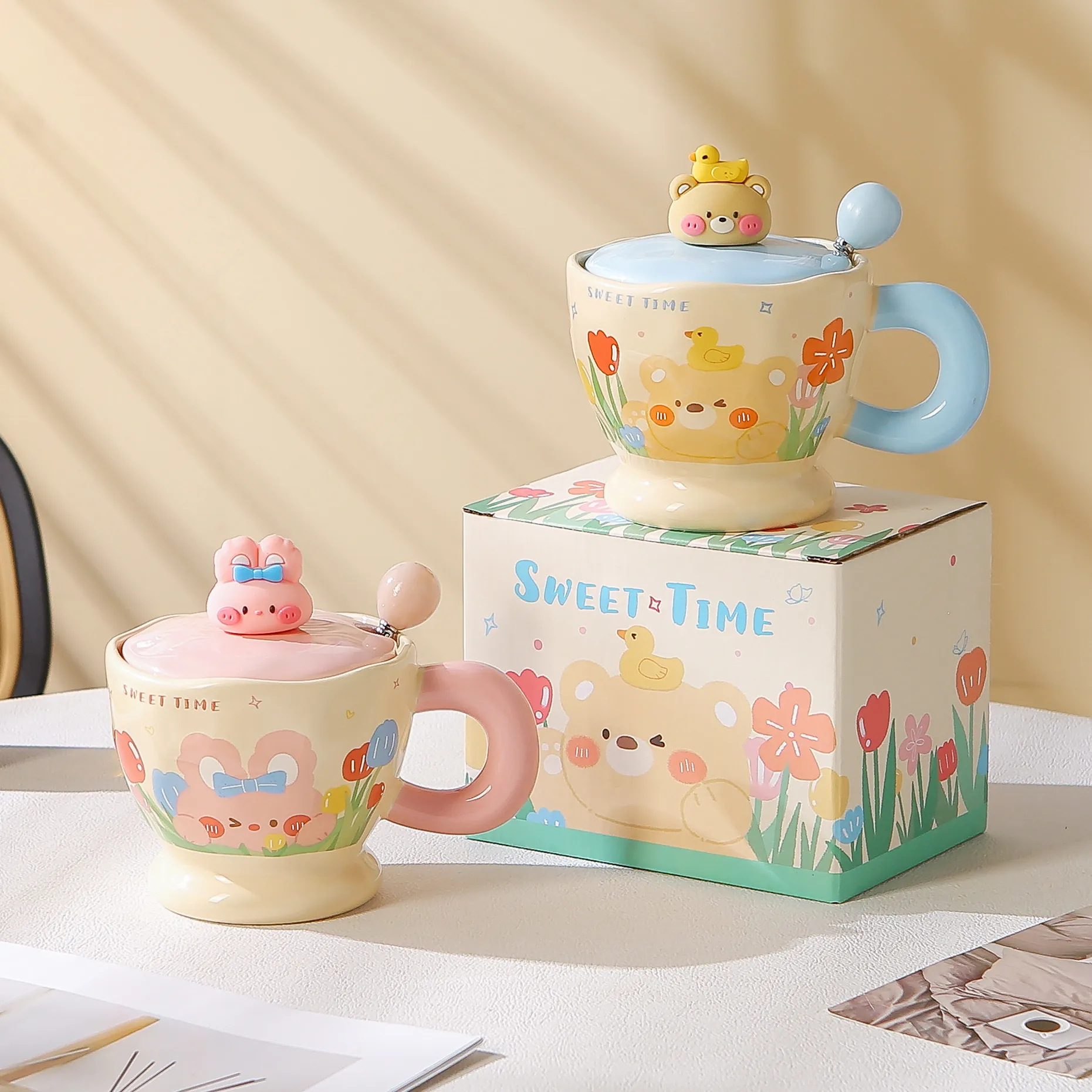 Kreative Süße Kaninchen Und Bär Keramik Tasse Mit Deckel Löffel Und Geschenkbox Haushalt Büro Kaffee Wasser Tasse