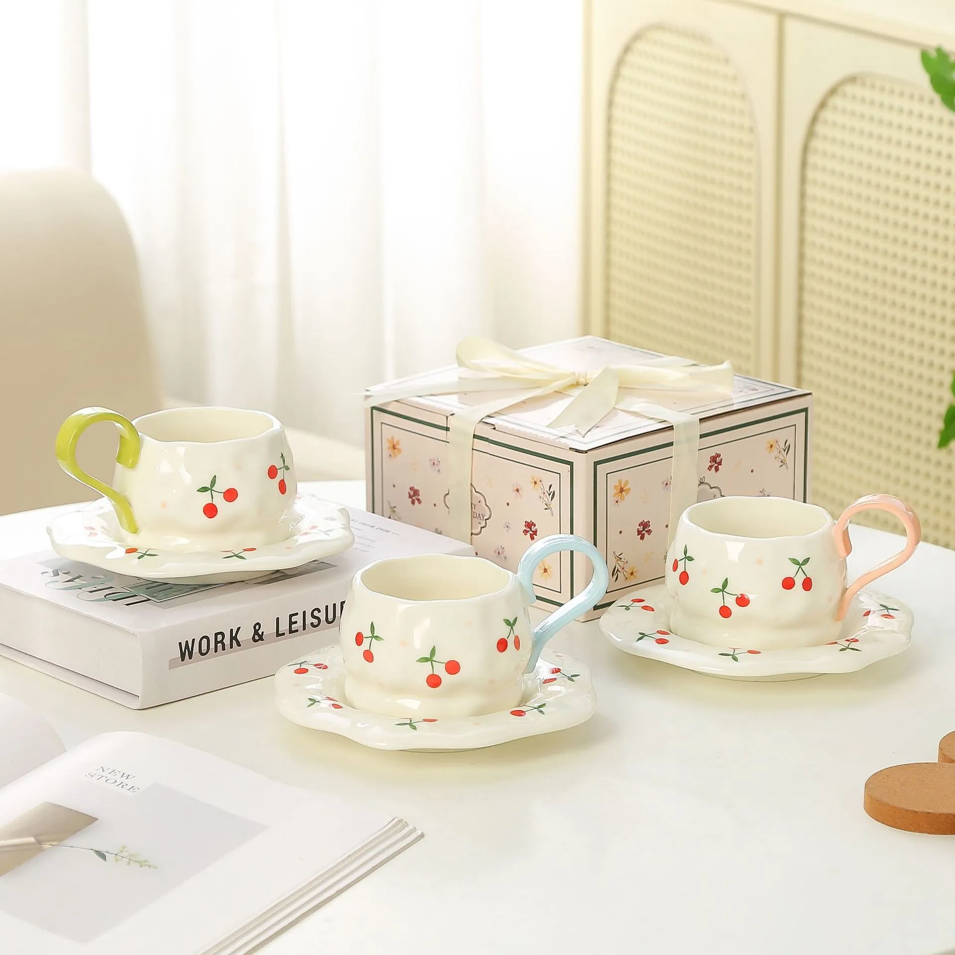 Handmade Ceramic Coffee Cup And Saucer Set With Gift Box Cute Cherry Pattern Ceramic Tea Mug For Office Home