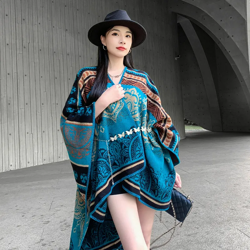 Chal Capa de Punto Cálido de Invierno para Mujer Estampado Geométrico Retro Poncho Abierto Dividido Bufanda Ropa de Viaje de Moda