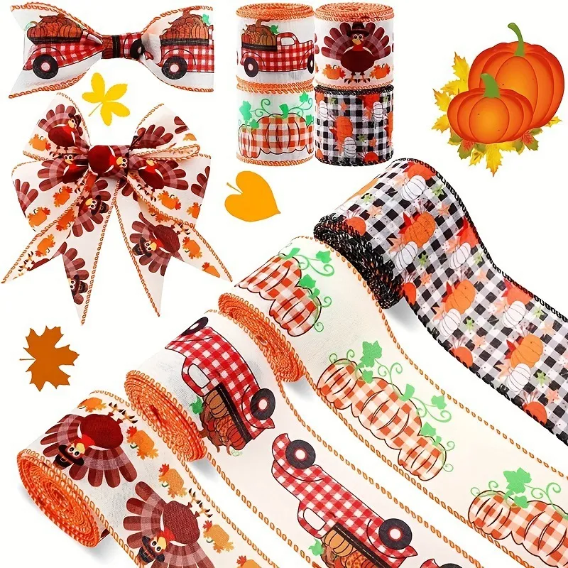 Thanksgiving Ribbon Autumn Harvest Pumpkin Plaid Ribbon Maple Leaf Bow Ribbon For Fall Holiday Party Home Decoration