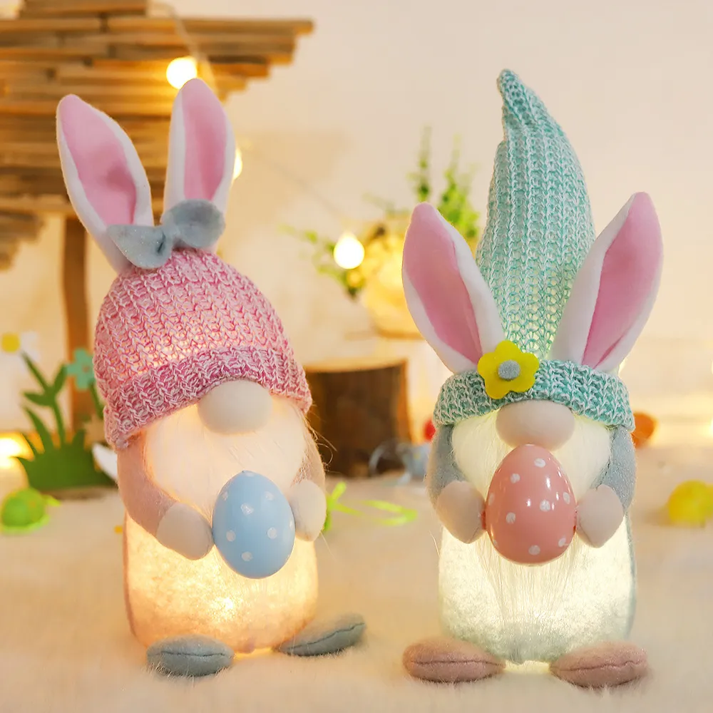 Navidad Pascua Muñeca Sin Rostro Adorno Conejo Luminoso Luz LED Peluche Tejido Gnomo Juguete Vacaciones Decoración Hogar Regalo