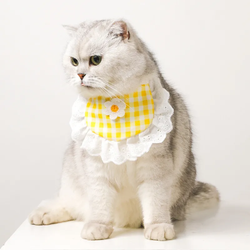 Cute Pet Cat Dog Saliva Towel Plaid Stripe Lace Ruffled Bib Bowtie Puppy Kitten Decorative Accessories Daily Wear