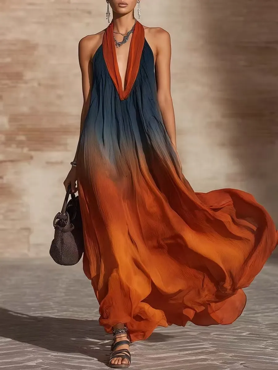 Women Halter Gradient Long Dress Summer Beach Bohemian Sleeveless Maxi Dress Elegant Vacation Party Sundress