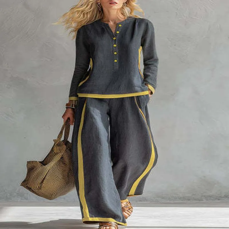 Conjunto Casual de Mujer con Bloque de Color Imitación Lino Top de Manga Larga y Pantalón Ancho