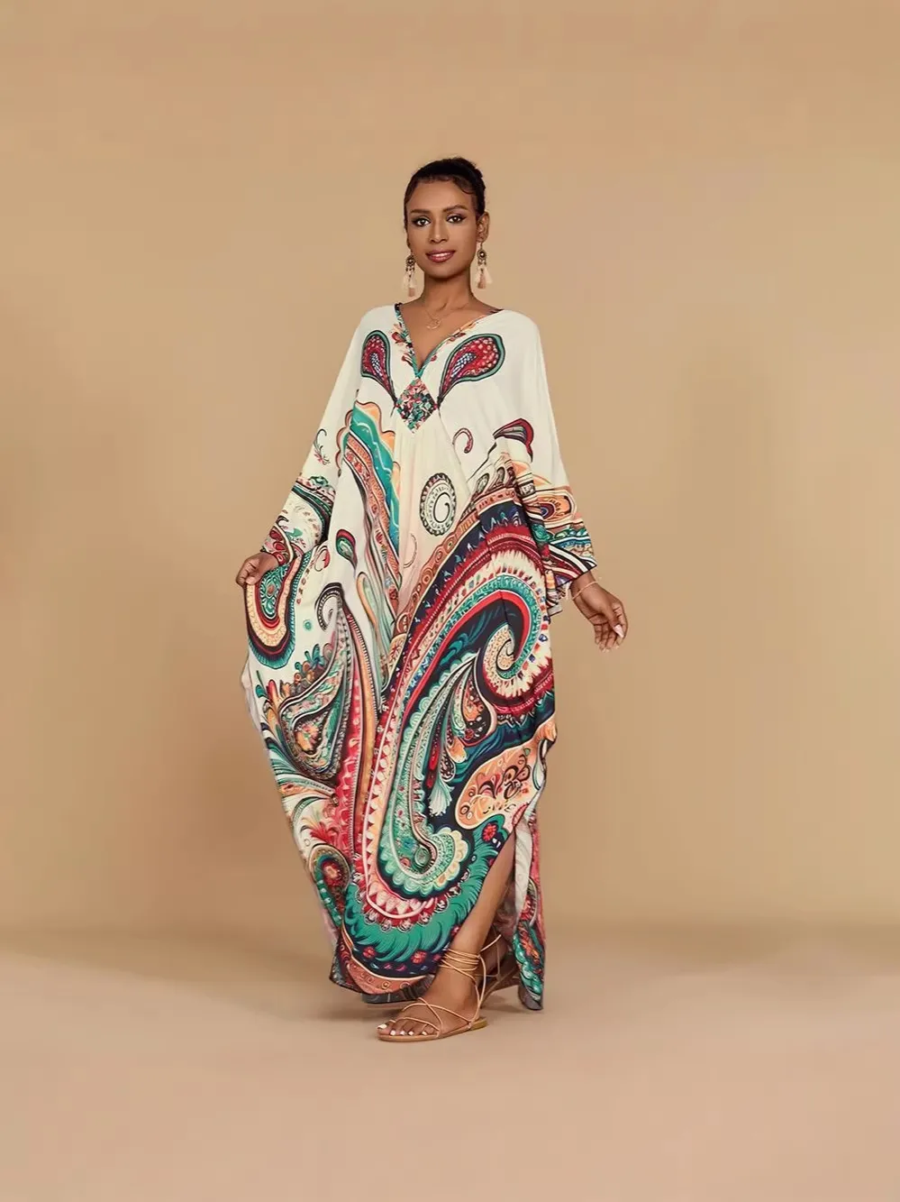 Damen Urlaub Boho 3D Druck Maxi Kleid Lockere V-Ausschnitt Fledermausärmel Kaftan Sonnenschutz Strand Lange Robe