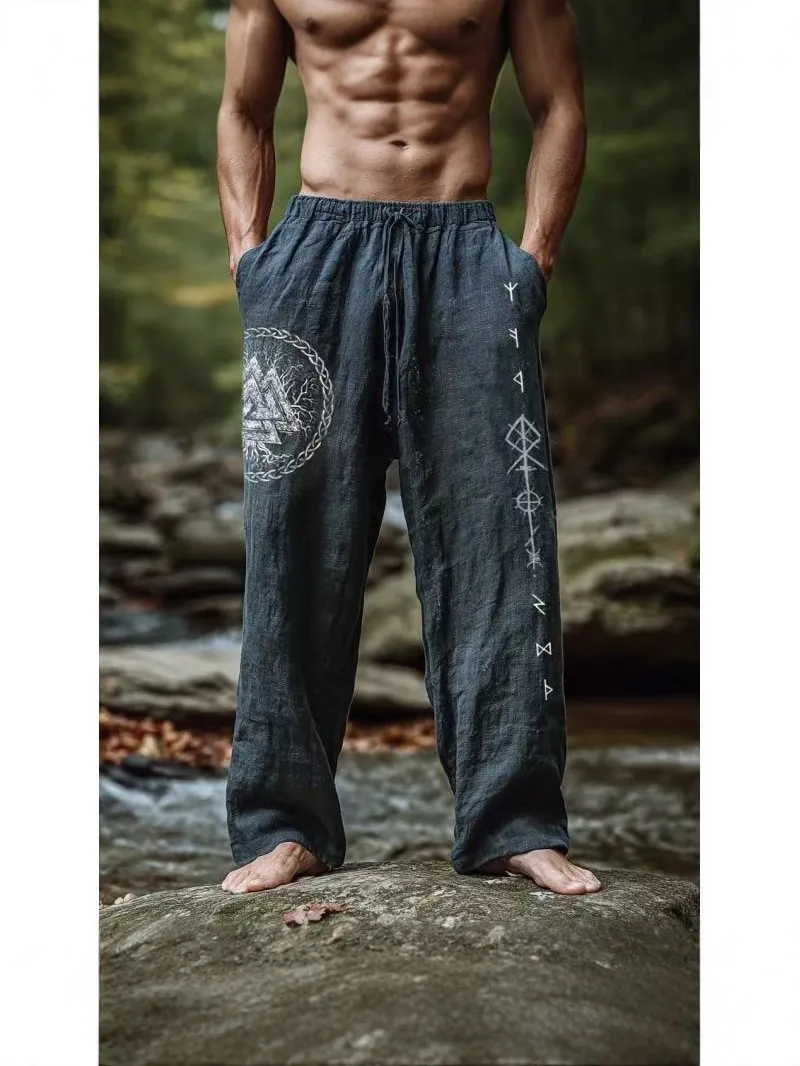 Men's Vintage Viking Rune Print Slub Linen Lantern Pants Ethnic Loose Harem Trousers With Drawstring Waist Casual Graphic Outdoor Pants
