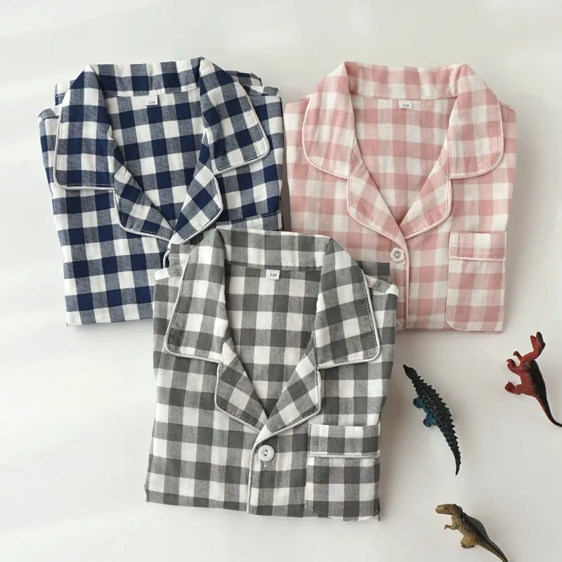 Enfants Ensemble Pyjama en Pur Coton Manches Longues Revers Carreaux Vêtements de Nuit Enfants Automne Décontracté Doux Confortable Vêtements Maison
