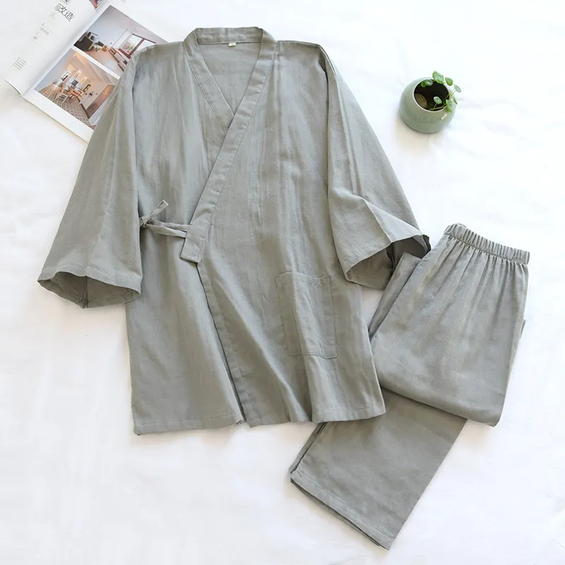 Set Pigiama da Uomo in Cotone Stile Kimono Giapponese Tinta Unita Manica Lunga Legatura Davanti Abbigliamento da Casa