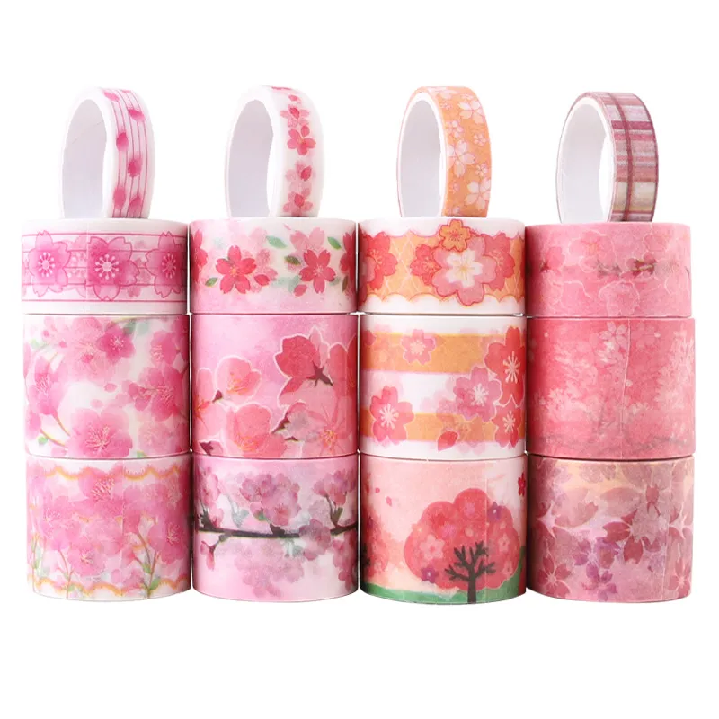 Juego de Cinta Washi de Flor de Cerezo Rosa Cinta Adhesiva Decorativa Sin Papel de Respaldo Para Diario DIY Scrapbooking