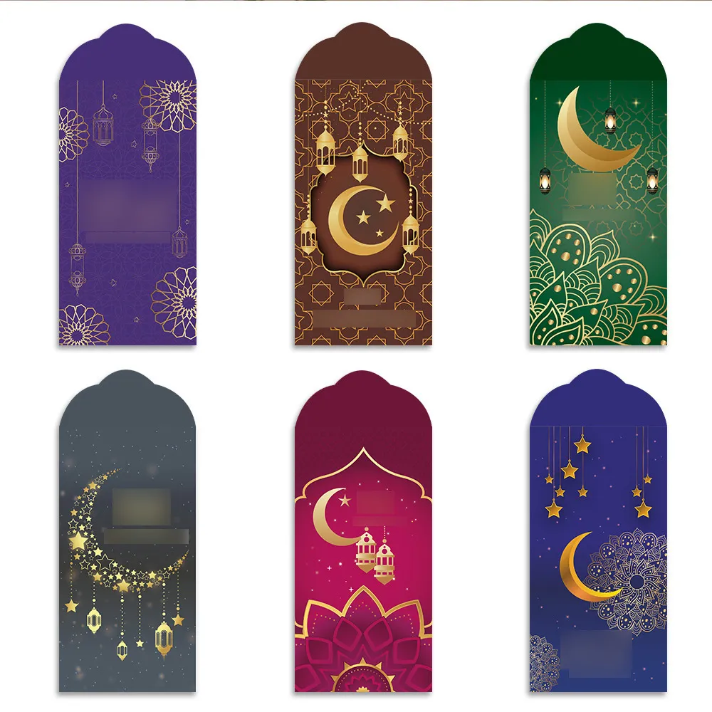 6 Piezas Eid Mubarak Sobres Rojos Islámico Ramadan Kareem Sobres de Dinero de la Suerte Estampado en Oro Luna Linterna Cartulina Blanca
