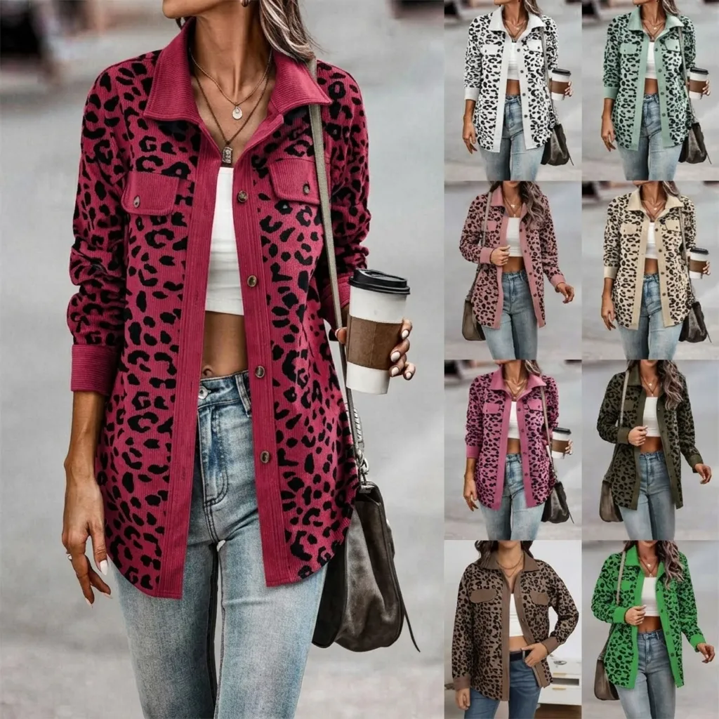 Giacca da Donna in Velluto a Coste con Stampa Leopardata Moda Risvolto Manica Lunga con Bottoni Casual Larga Autunno Inverno Top