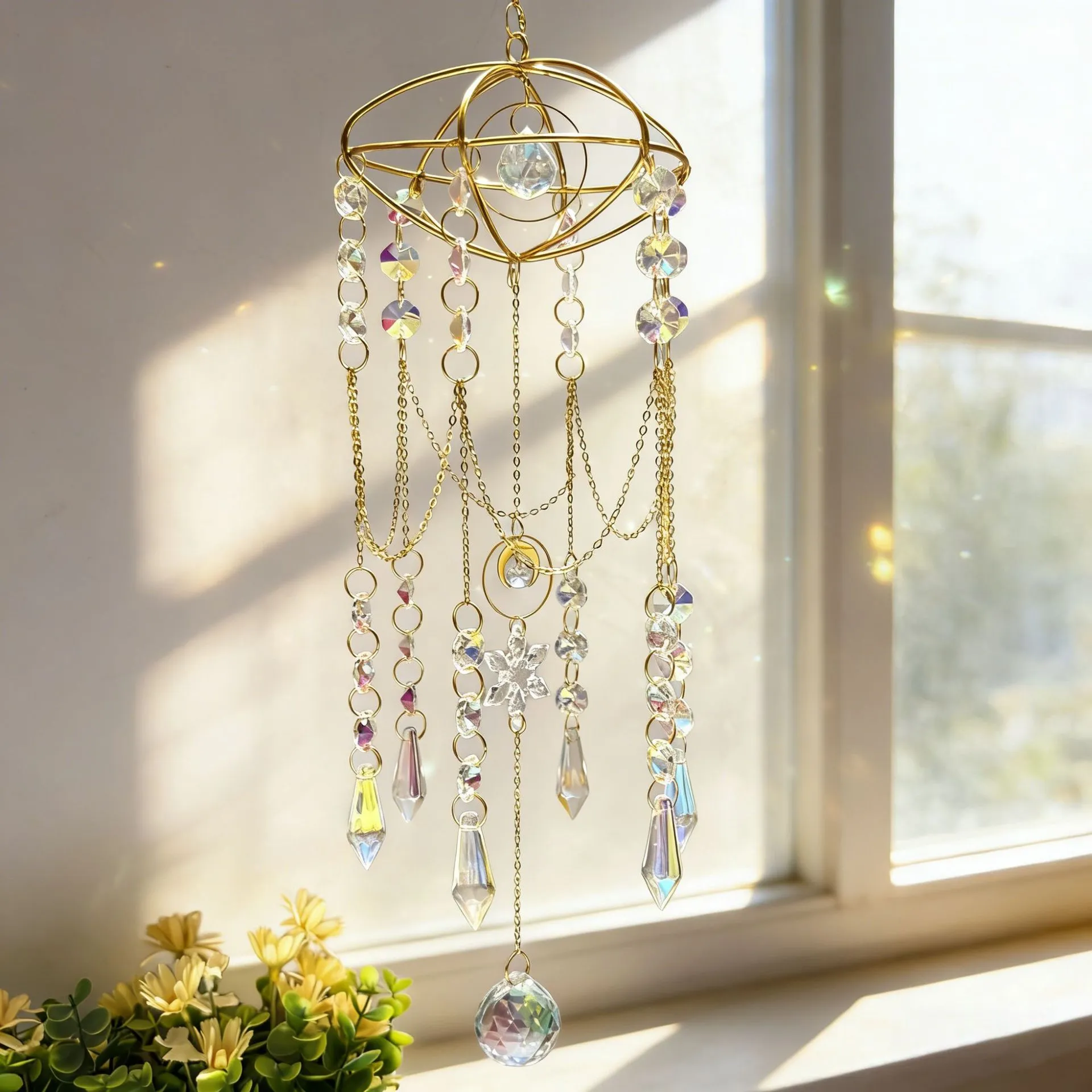 Pendentif Suspendu Attrape-Soleil Flocon de Neige en Cristal Cristal Artificiel Métal Cadre Plat Fenêtre Jardin Décor Artisanat Ornement