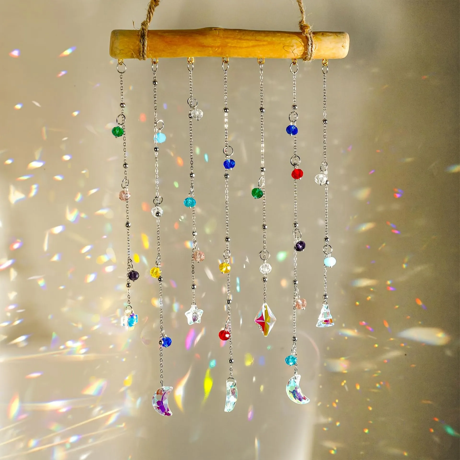 Natuurlijke Houten Stok Regenboog Kristal Zonnevanger Ster Maan Hanger Wind Chime Binnen Buiten Huisdecoratie