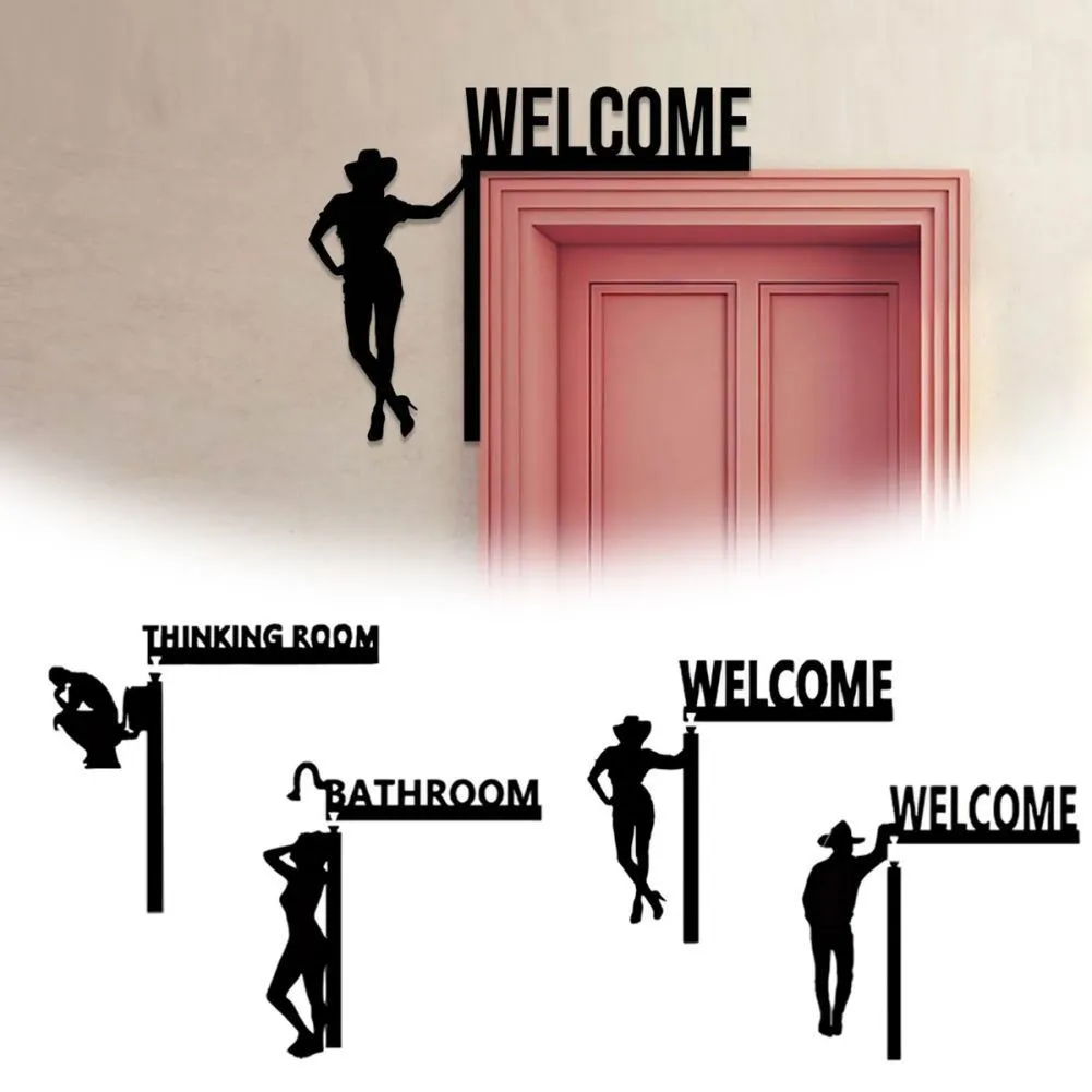 Funny Wooden Door Corner Decor Black Silhouette Wall Hanging Creative Bathroom Restroom Sign Home Decoration Art Ornament