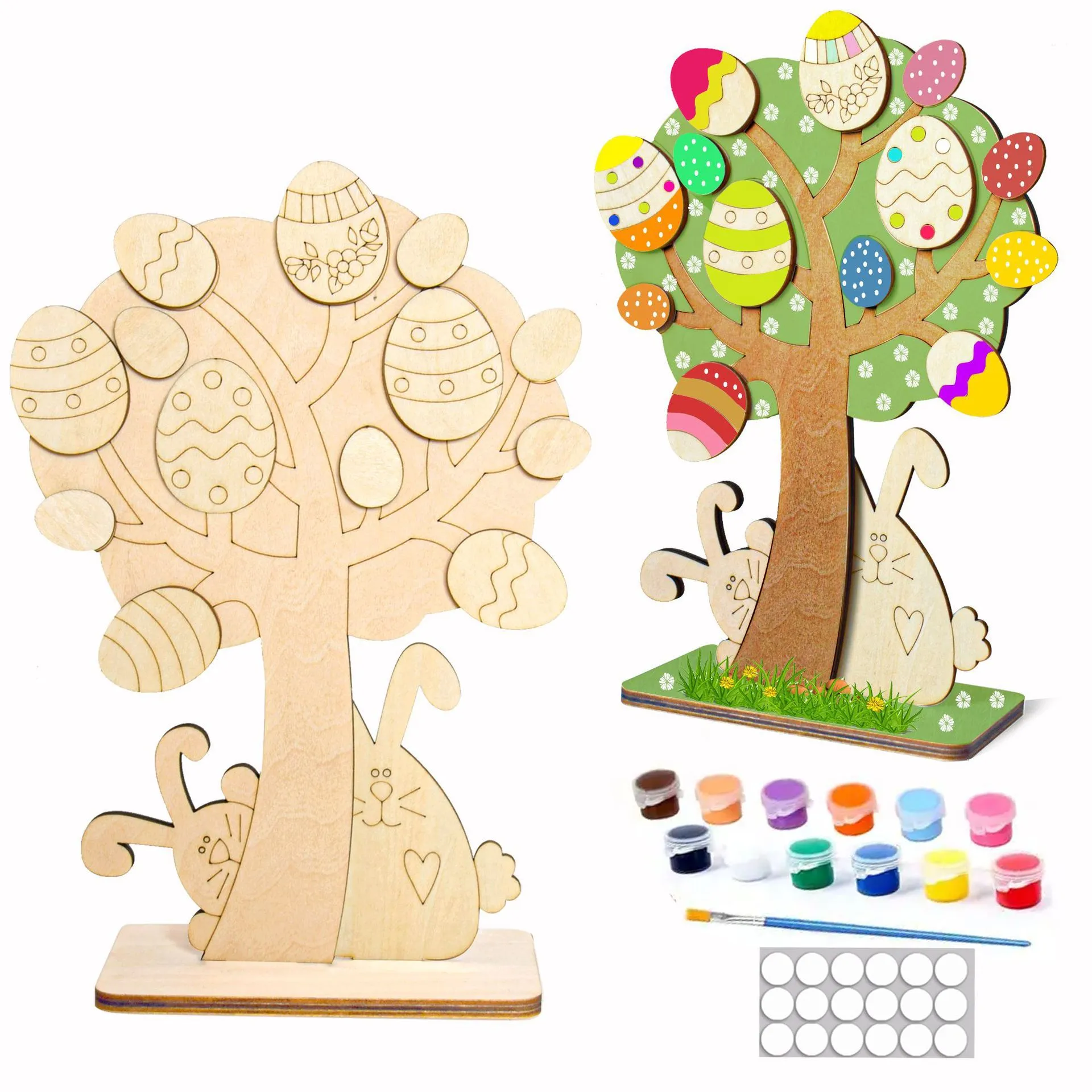 Pâques Œuf en Bois Lapin DIY Artisanat Ornement Enfants Peinture Graffiti Jouet Vacances Décoration Maison