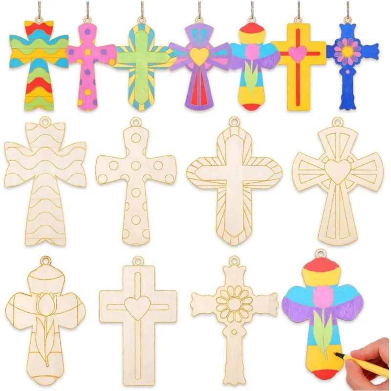 Pendentifs de Croix en Bois Non Finis DIY Peinture Artisanat Tranches de Bois Avec Cordes Pour Décoration de Fête
