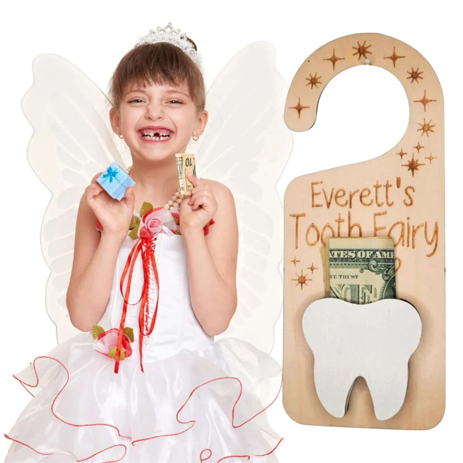 Kinder Zahnfee Türschild Holzhängeschild Mit Zahntasche Kind Zahnverlust Geschenk Kinderzimmer Türdekoration