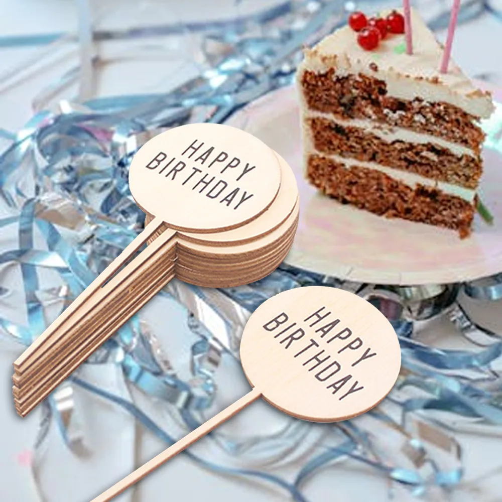 Joyeux Anniversaire Décoration de Gâteau en Bois Carte d'Insertion de Gâteau Ronde Décoration de Fête Fournitures de Pâtisserie en Bois