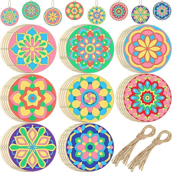 Pièces en Bois de Mandala Non Finies DIY Tranches de Bois de Noël Rondes Ornements Suspendus Fournitures d'Artisanat Décoration