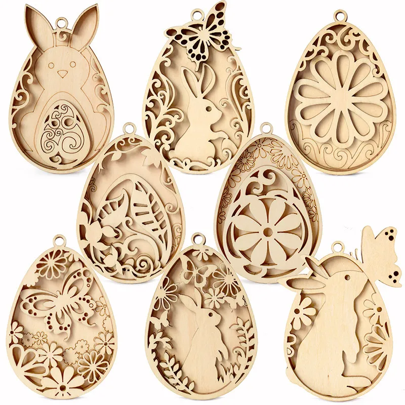 Pâques Ornements Suspendus en Bois Lapin Œuf Découpe au Laser Artisanat Creux Peinture DIY Décoration de Fête Décoration Maison