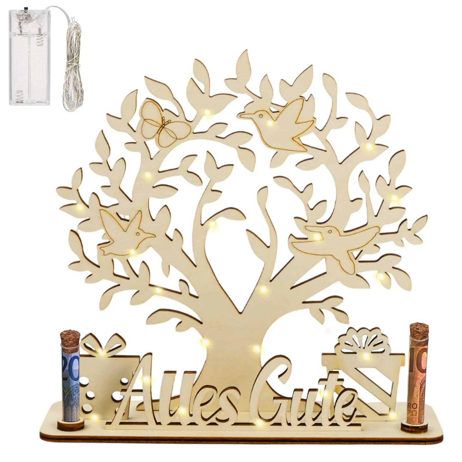 Wooden Tree Of Life Money Gift Ornament German Blessing Desktop Decoration With Photo Clips And Glass Tubes
