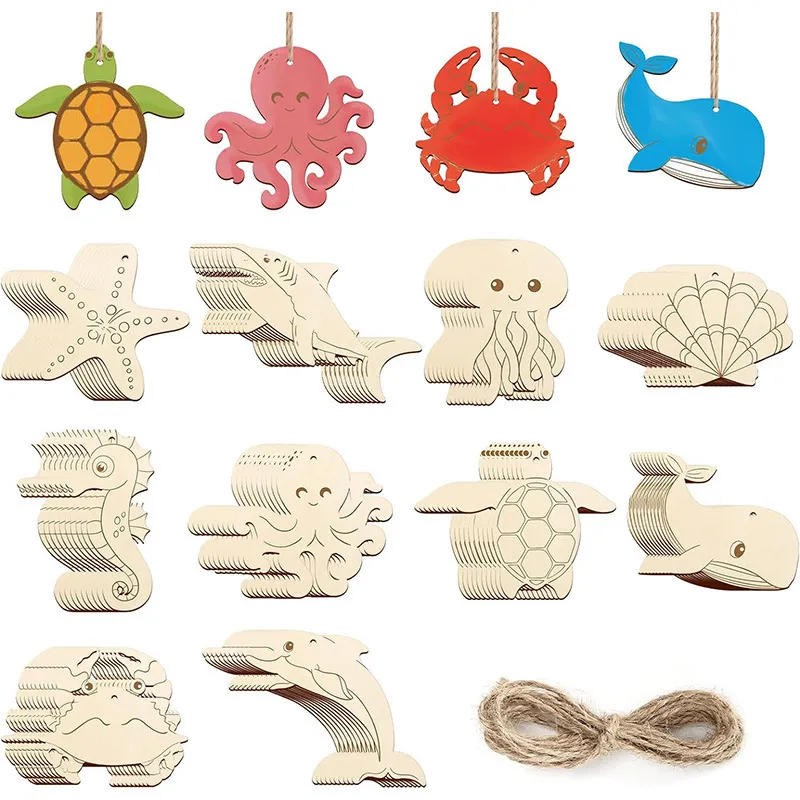 Recortes de Animales Marinos de Madera Sin Terminar Rodajas de Madera Vírgenes Con Cuerda de Cáñamo Para Niños Pintura DIY Decoración