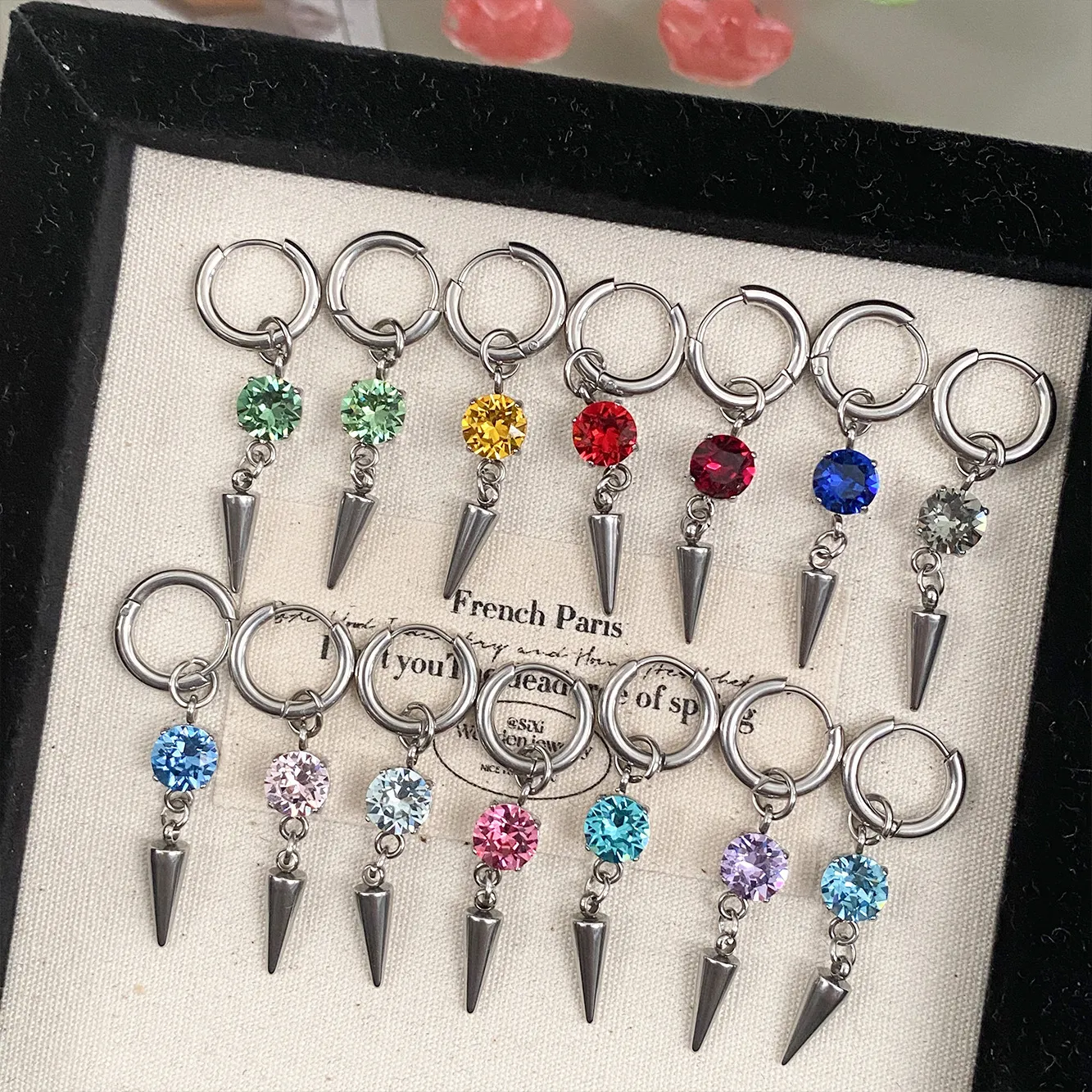 Punk Style Metal Cone Pendant Huggie Earrings Copper Alloy Colorful Rhinestone Earrings Women Fashion Jewelry