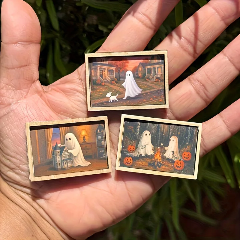 Halloween Miniature Wooden Frame Art Wall Decoration Micro Ghost Dollhouse Decor Miniature Wall Painting Art