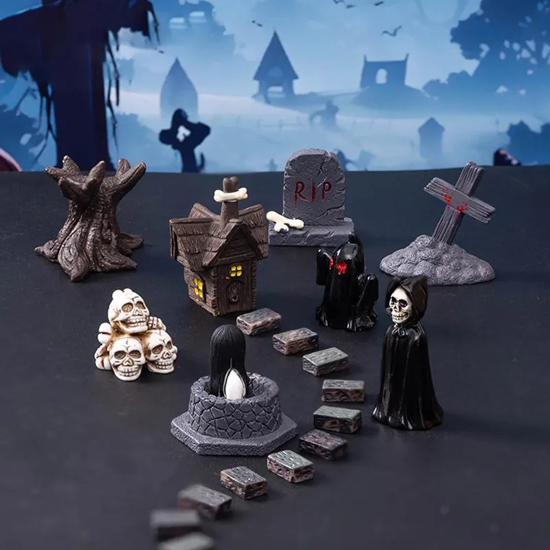 Halloween Micro Landscape Resin Ornaments Skeleton Ghost Horror Tree Tombstone Miniature Figurine DIY Desktop Decor Party Supplies