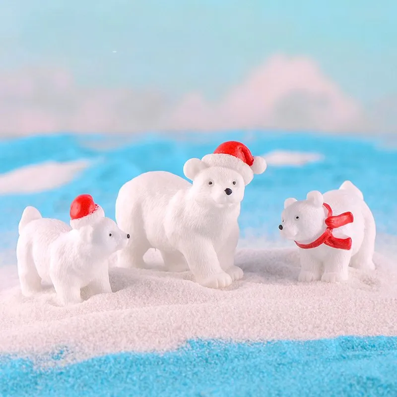 Christmas Polar Bear Resin Figurine Red Hat Scarf Micro Landscape Ornament Cake Topper Desktop Festive Decoration