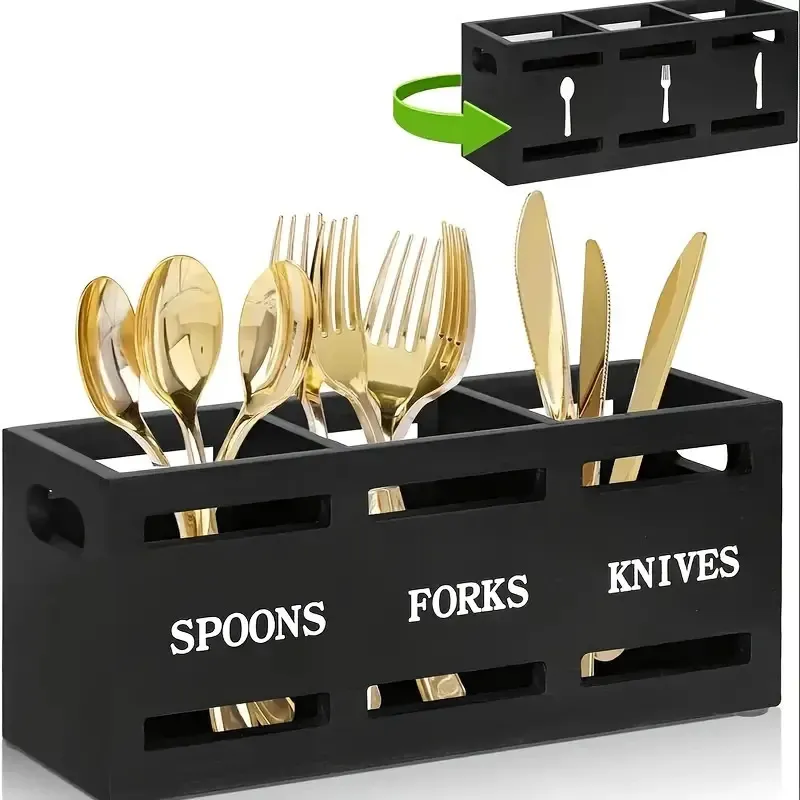 Wooden Cutlery Storage Box Rectangular Kitchen Tableware Organizer With Three Compartments Hollow Design
