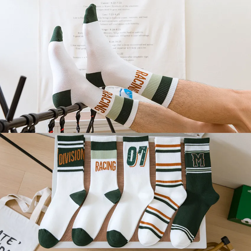 Men's Casual Athletic Cotton Crew Socks Striped Letter Print Breathable Sports Socks For Running Basketball