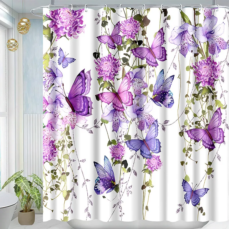 Waterproof Polyester Fabric Shower Curtain Watercolor Floral Butterfly Skull Rose Pattern Bathroom Curtain