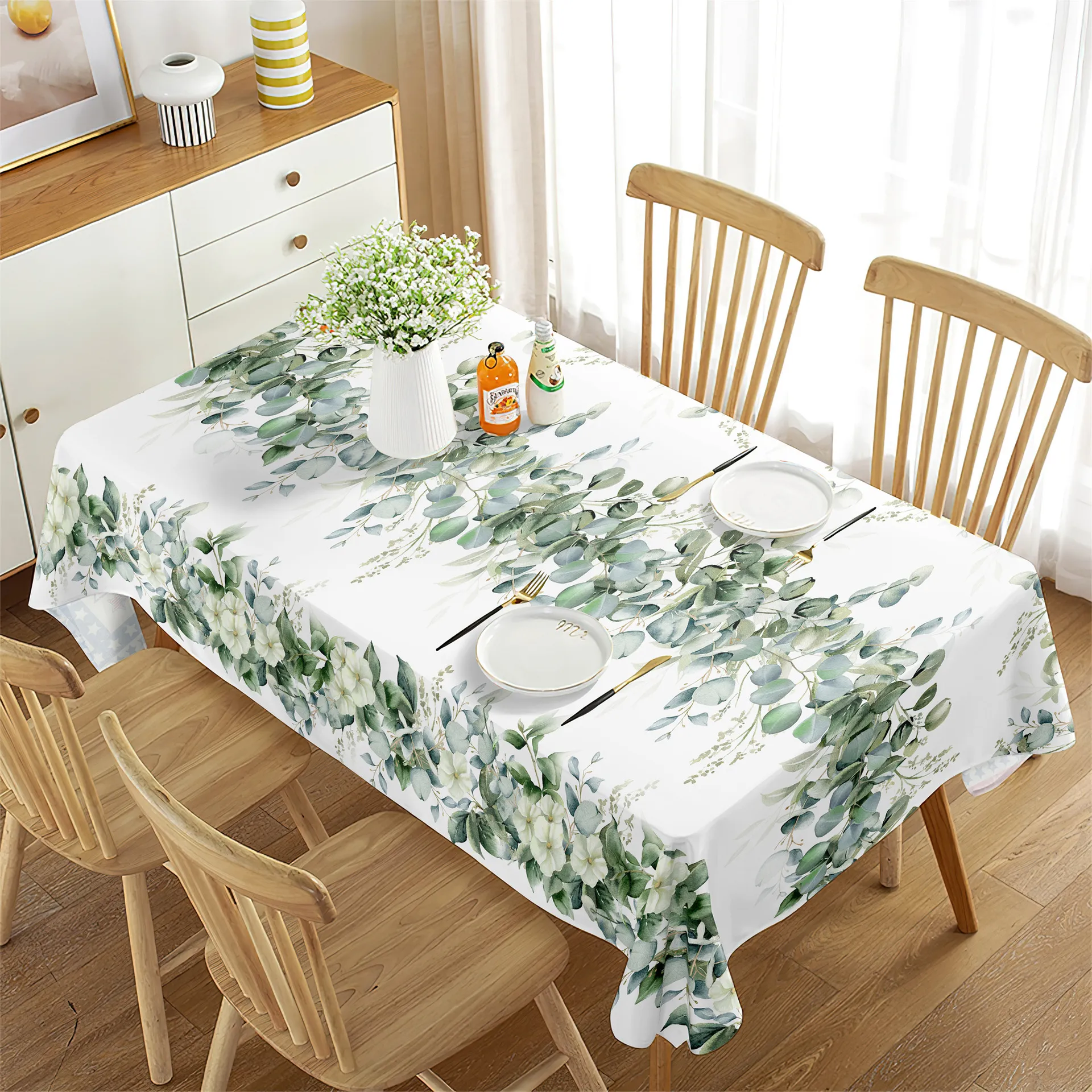 Waterproof Rectangular Tablecloth Botanical Green Leaves Table Cover Polyester Fabric Dining Table Protector