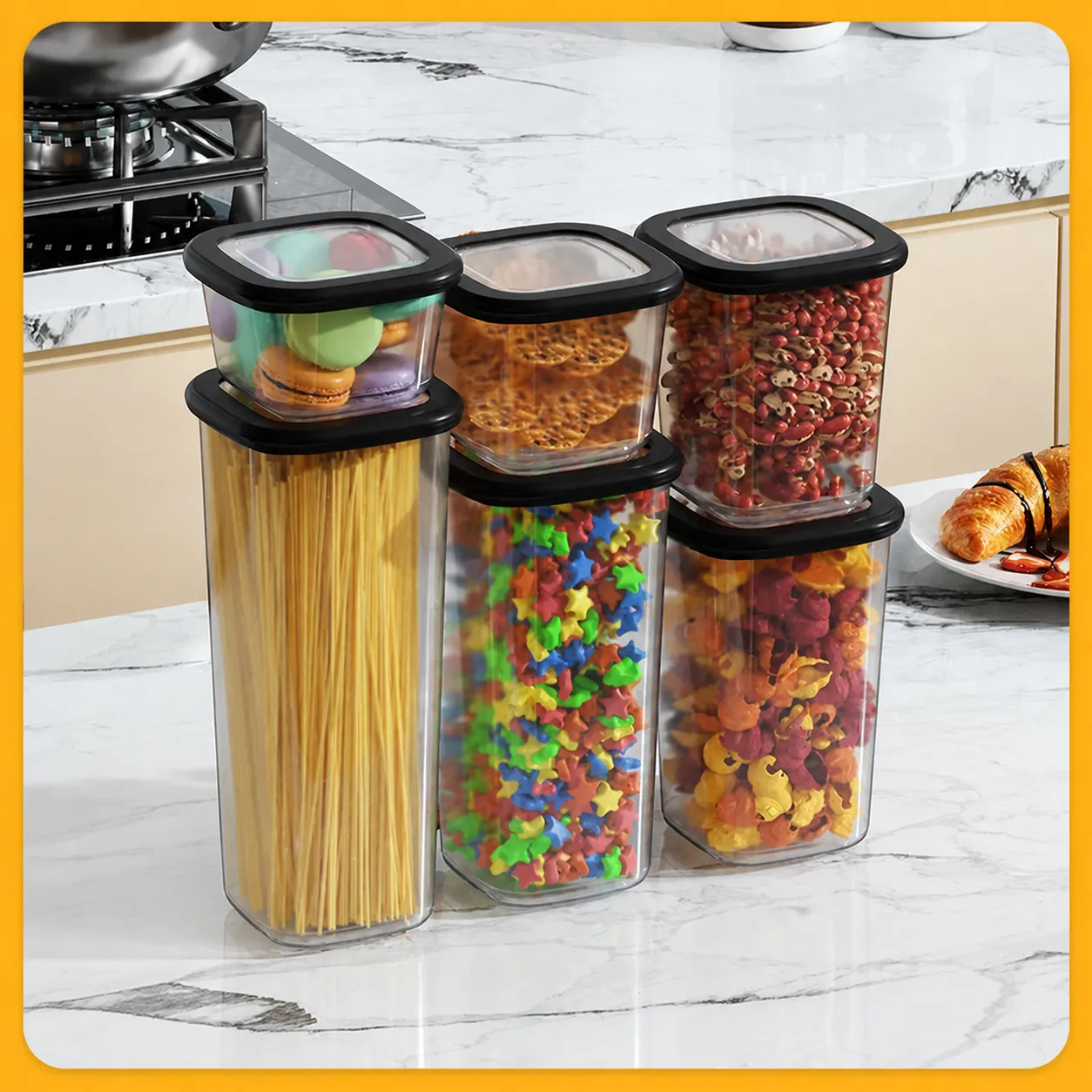 Transparenter Kunststoff Lebensmittel Vorratsbehälter Luftdichter Küchenbehälter Set Stapelbare Müsli Getreide und Snack Organizer Box