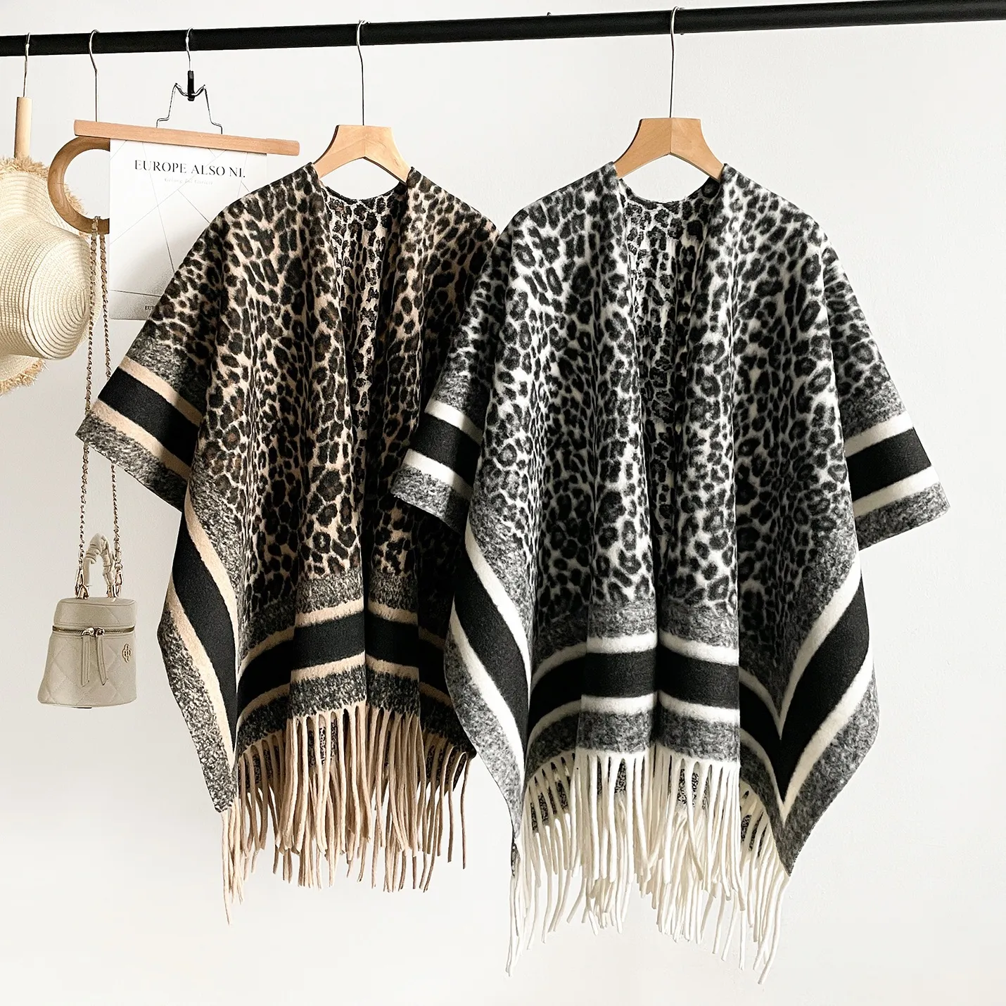 Women's Winter Warm Imitation Cashmere Shawl Elegant Leopard Print Tassel Cape Fashion Poncho Blanket Scarf