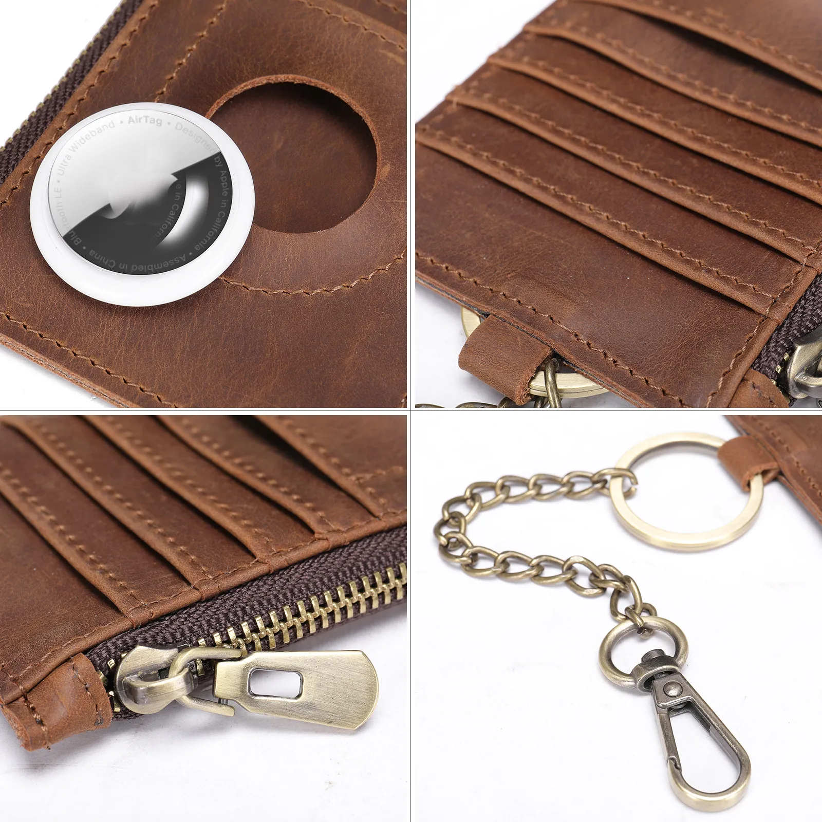 Tarjetero Vertical de Cuero Crazy Horse Vintage para Hombre Múltiples Ranuras Bolsillo con Cremallera Espacio Airtag