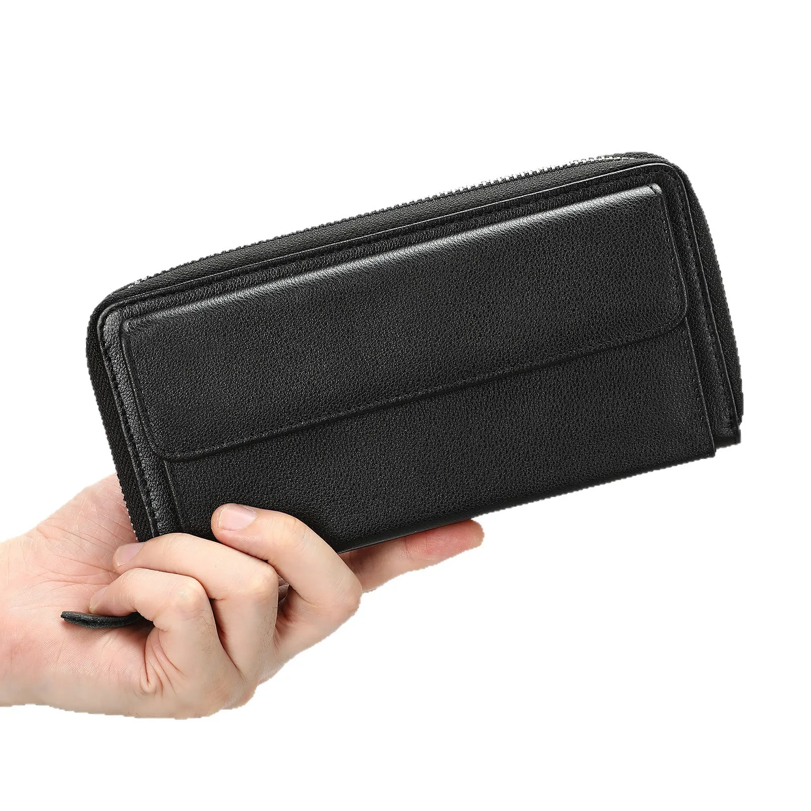 Cartera Larga de Cuero Auténtico para Hombre Gran Capacidad Cartera de Negocios Multifunción Cremallera Correa de Muñeca Tarjetero