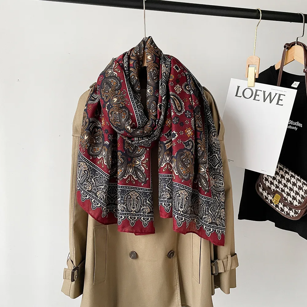 Womens Autumn Fashion Paisley Print Imitation Cotton Linen Scarf Vintage Geometric Long Shawl Headscarf