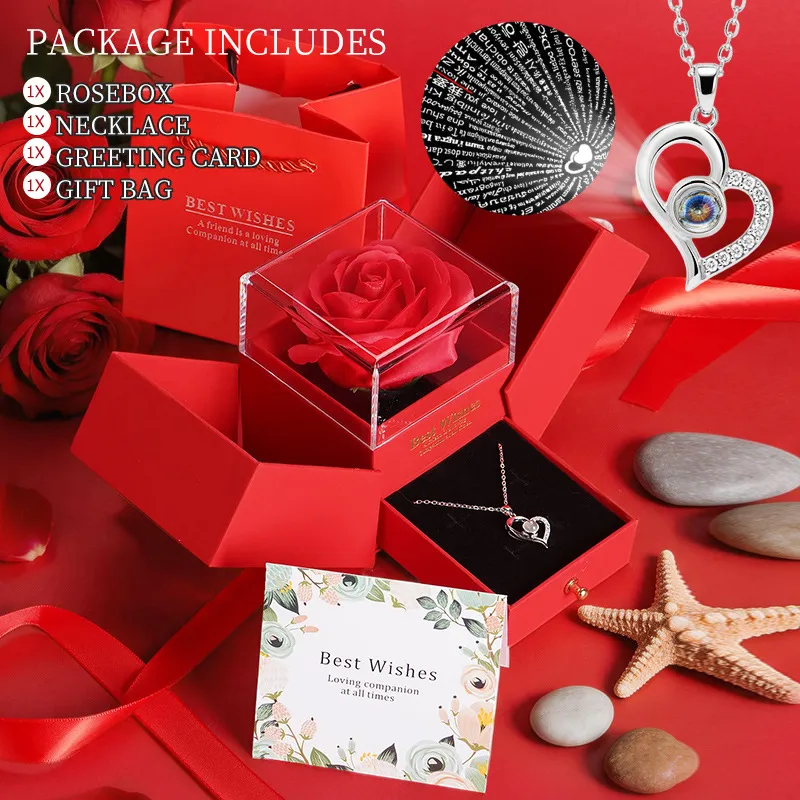 Geconserveerde Roos Bloem Cadeauendoos Met Hart Projectie Ketting Romantische Eeuwige Bloem Valentijnsdag Cadeau Sieradenset